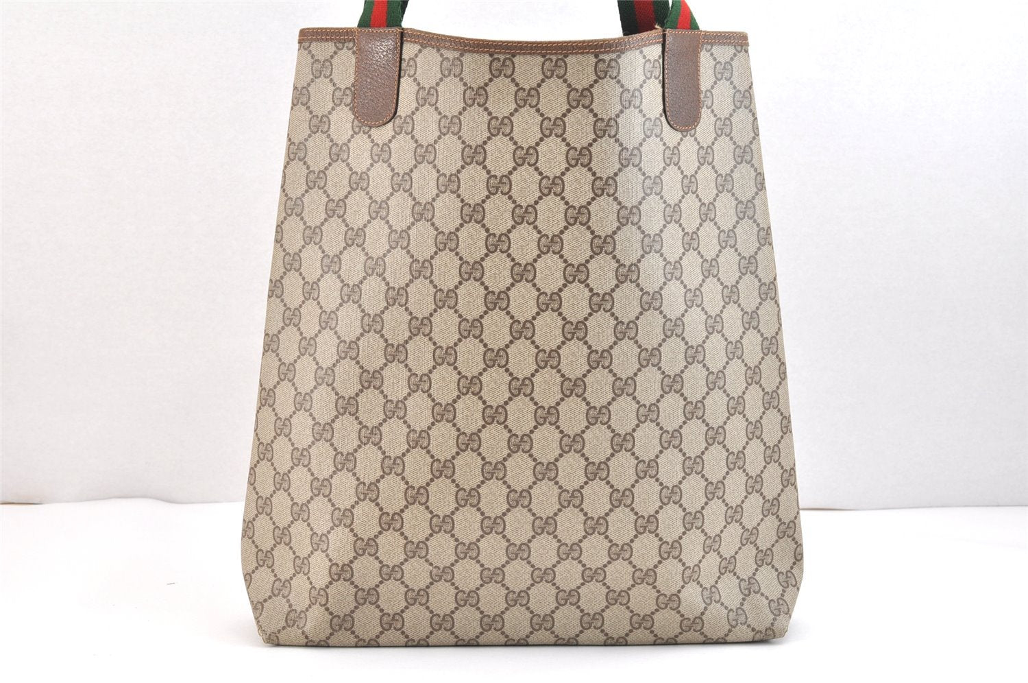 Authentic GUCCI Web Sherry Line Shoulder Tote Bag GG PVC Leather Brown 5414K