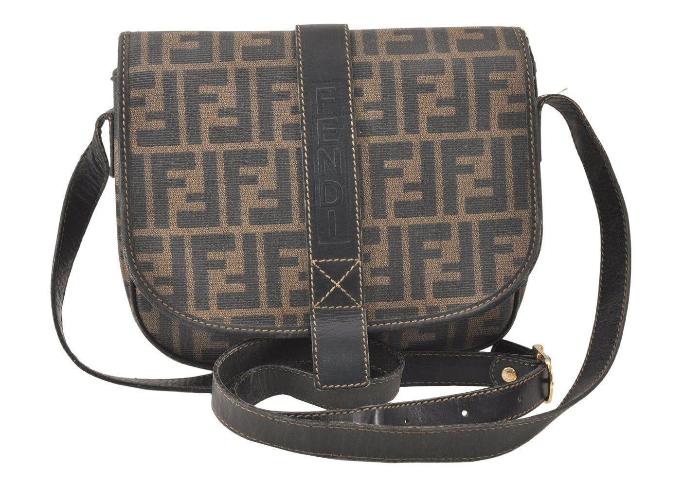 Authentic FENDI Zucca Shoulder Cross Body Bag Purse PVC Leather Brown 5416K