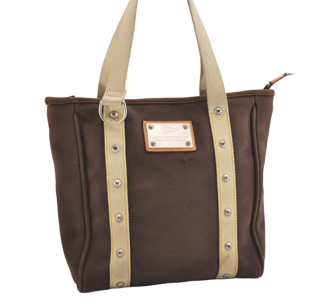 Authentic Louis Vuitton Antigua Cabas MM Tote Bag Brown White M80663 LV 5421J