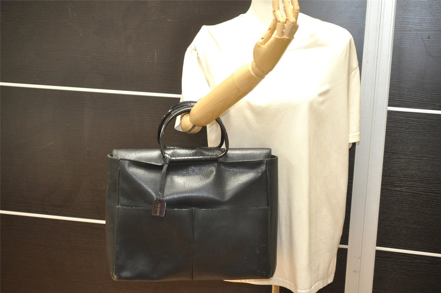 Authentic GUCCI Vintage Hand Bag Leather Black Junk 5423K