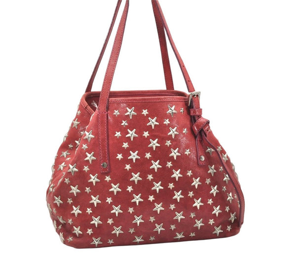 Authentic JIMMY CHOO Vintage Star Studs Leather Shoulder Tote Bag Red 5424K