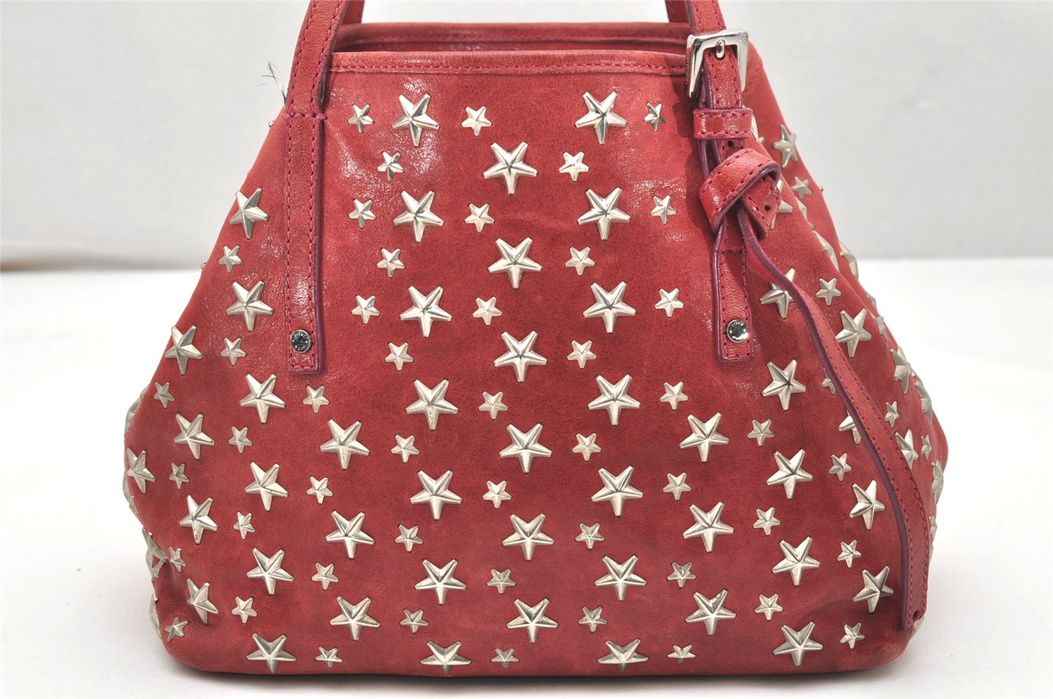 Authentic JIMMY CHOO Vintage Star Studs Leather Shoulder Tote Bag Red 5424K
