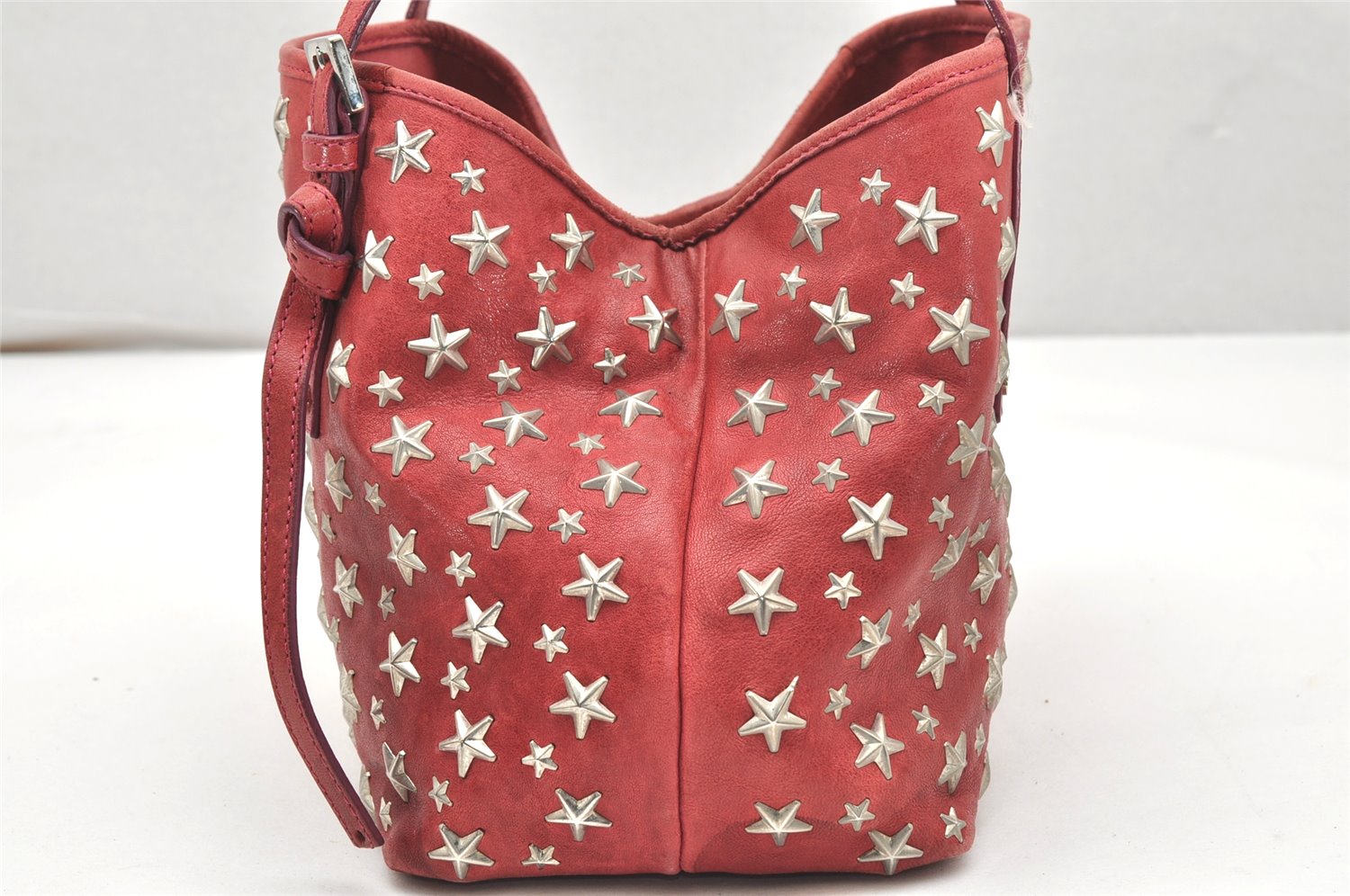 Authentic JIMMY CHOO Vintage Star Studs Leather Shoulder Tote Bag Red 5424K