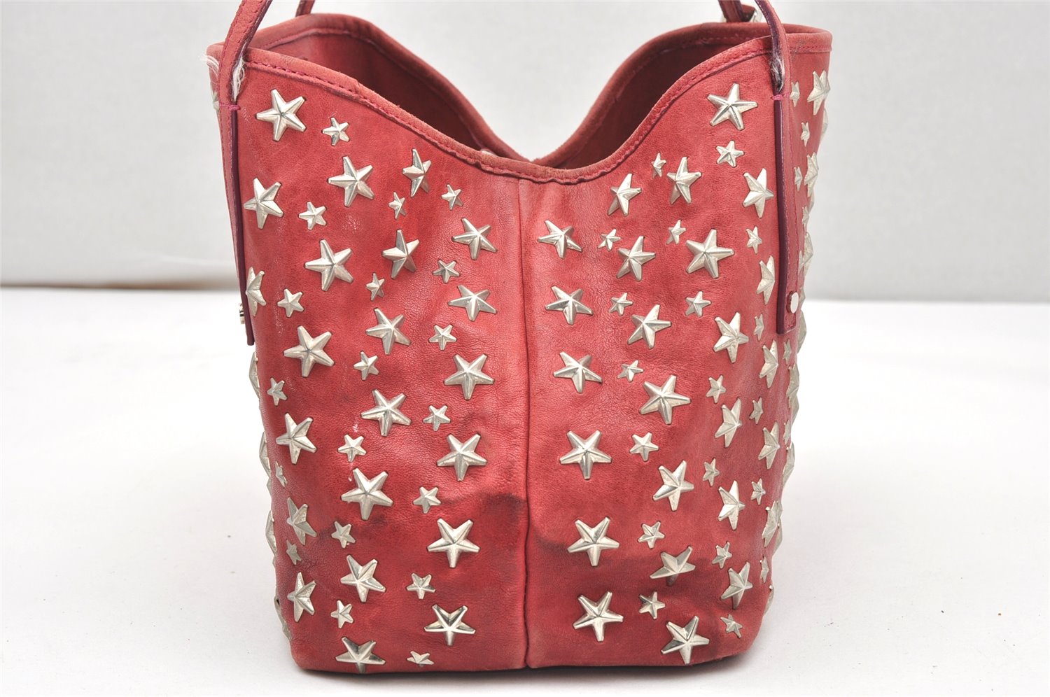Authentic JIMMY CHOO Vintage Star Studs Leather Shoulder Tote Bag Red 5424K