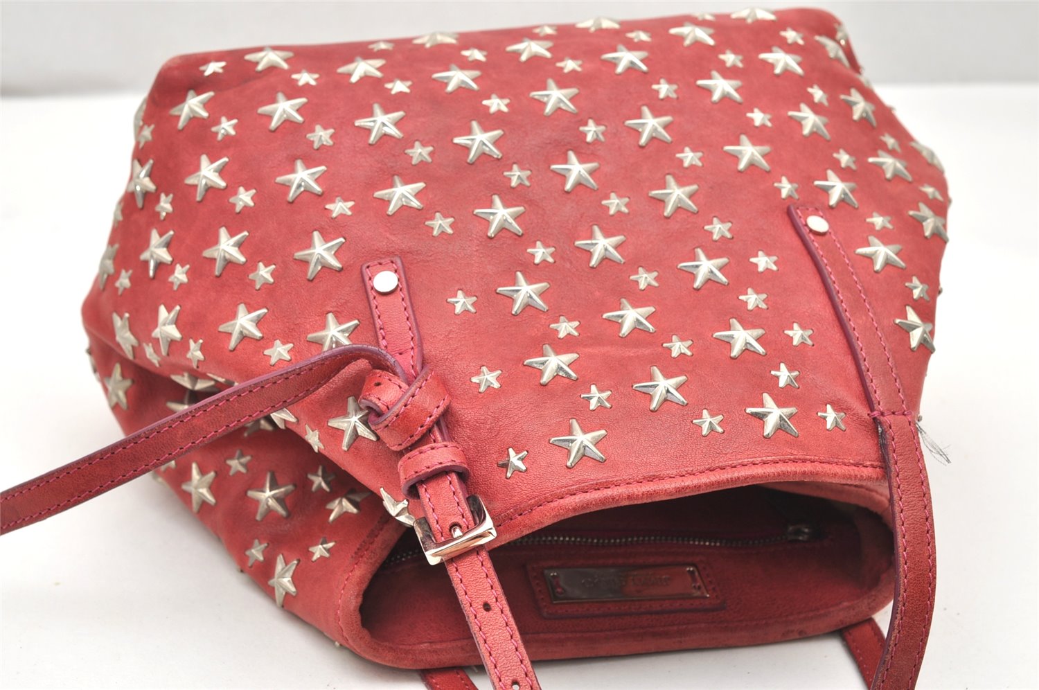 Authentic JIMMY CHOO Vintage Star Studs Leather Shoulder Tote Bag Red 5424K