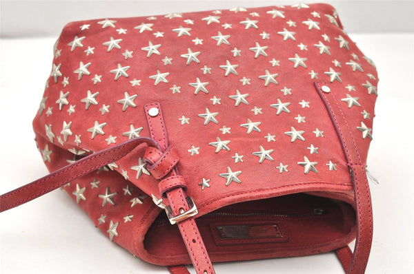 Authentic JIMMY CHOO Vintage Star Studs Leather Shoulder Tote Bag Red 5424K
