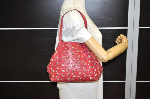 Authentic JIMMY CHOO Vintage Star Studs Leather Shoulder Tote Bag Red 5424K
