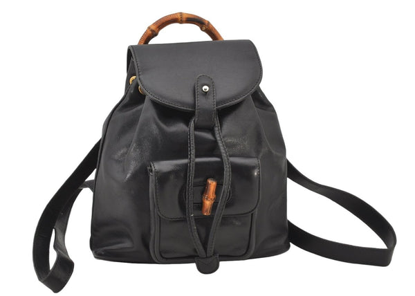 Authentic GUCCI Vintage Bamboo Drawstring Backpack Leather Black 5428K