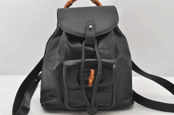 Authentic GUCCI Vintage Bamboo Drawstring Backpack Leather Black 5428K