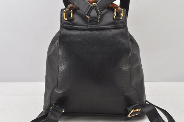 Authentic GUCCI Vintage Bamboo Drawstring Backpack Leather Black 5428K