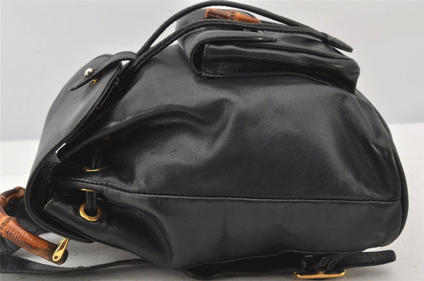 Authentic GUCCI Vintage Bamboo Drawstring Backpack Leather Black 5428K
