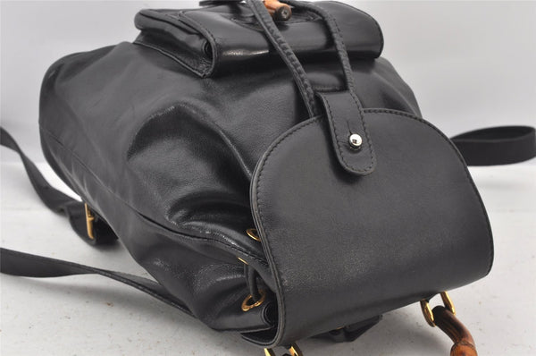 Authentic GUCCI Vintage Bamboo Drawstring Backpack Leather Black 5428K