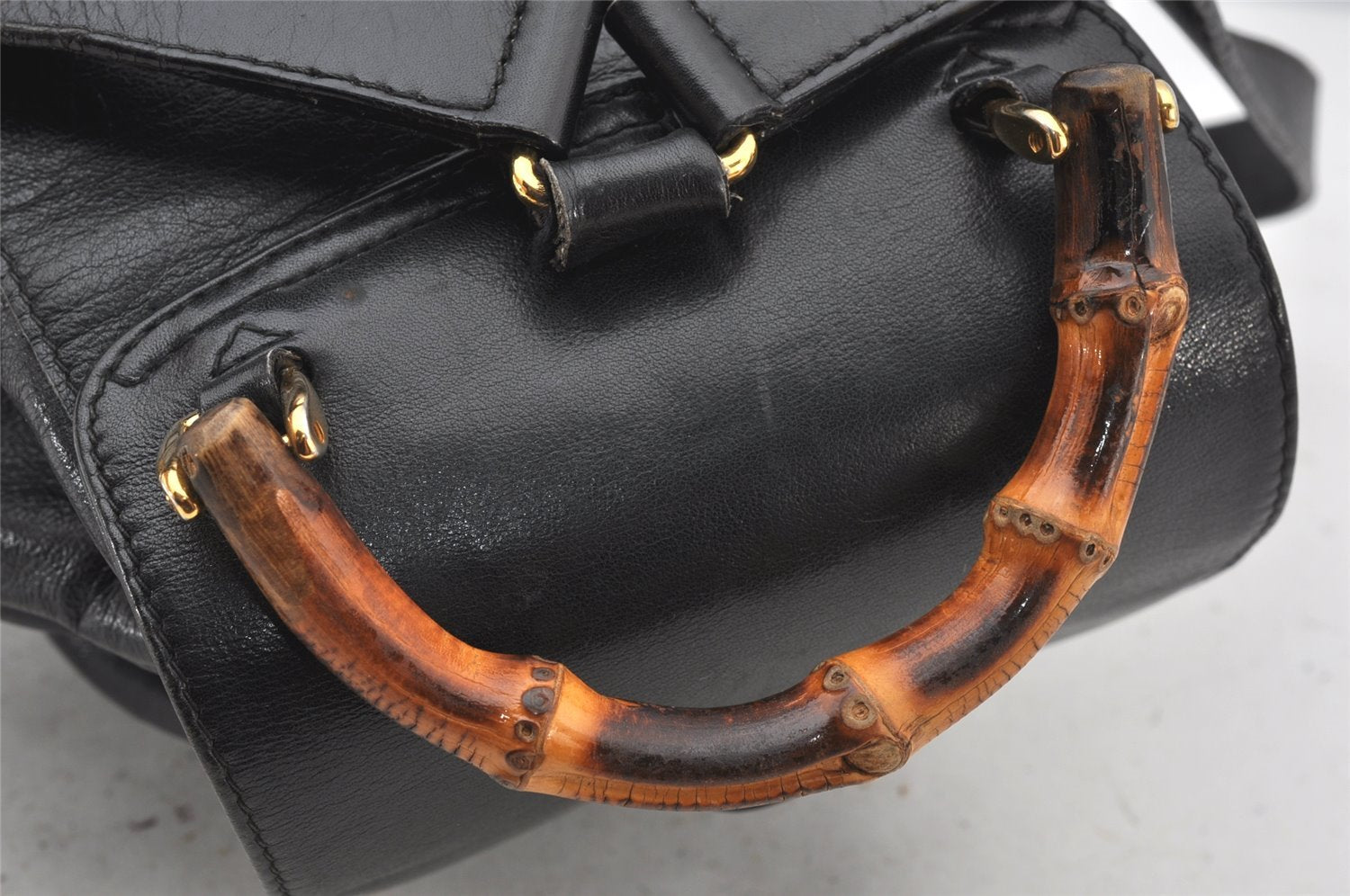 Authentic GUCCI Vintage Bamboo Drawstring Backpack Leather Black 5428K
