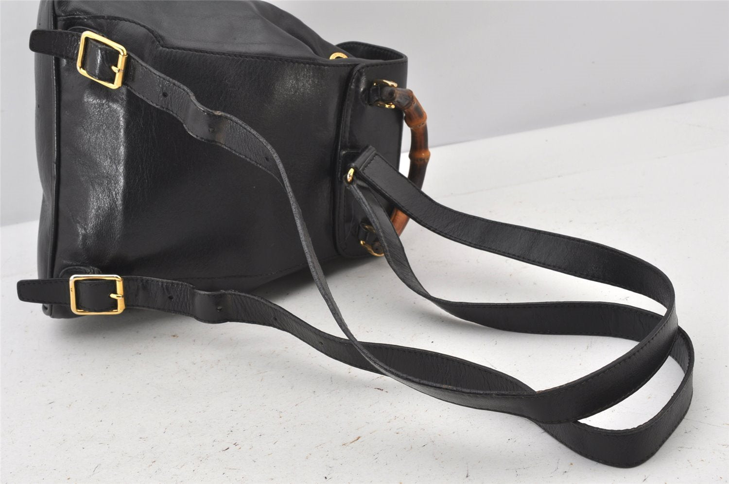 Authentic GUCCI Vintage Bamboo Drawstring Backpack Leather Black 5428K