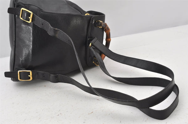 Authentic GUCCI Vintage Bamboo Drawstring Backpack Leather Black 5428K
