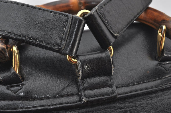 Authentic GUCCI Vintage Bamboo Drawstring Backpack Leather Black 5428K