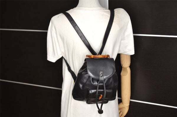 Authentic GUCCI Vintage Bamboo Drawstring Backpack Leather Black 5428K