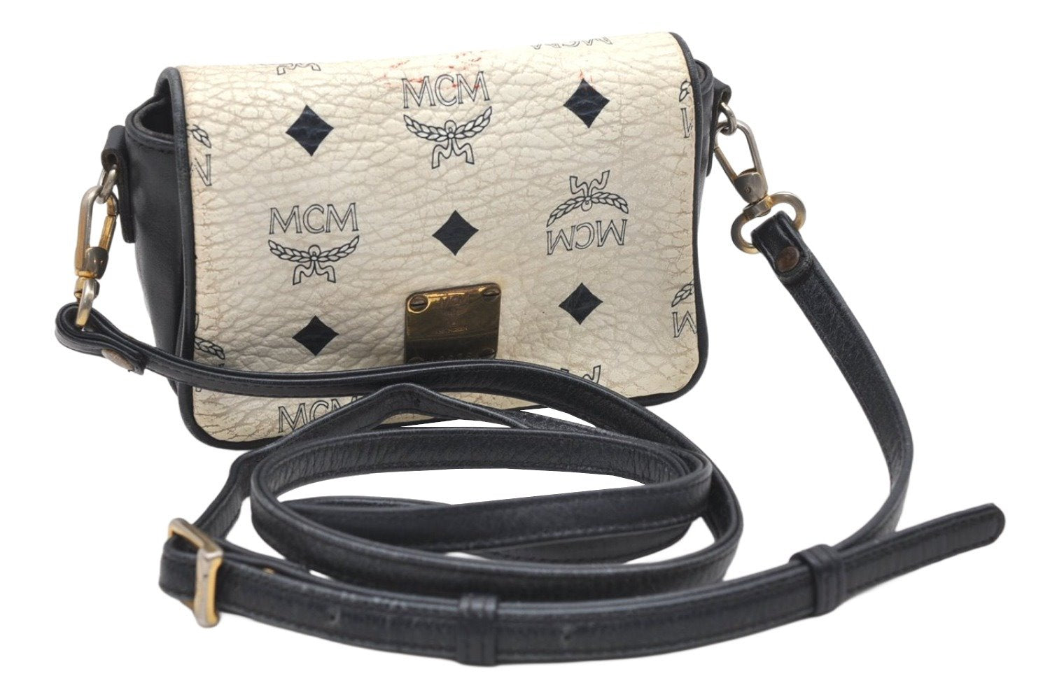 Authentic MCM Visetos Leather Vintage Shoulder Cross Pouch Purse White 5431K