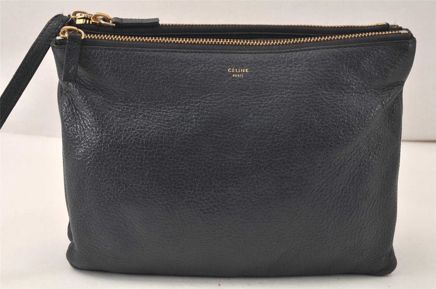 Authentic CELINE TRIO Shoulder Cross Body Clutch Bag Leather Navy Junk 5433K