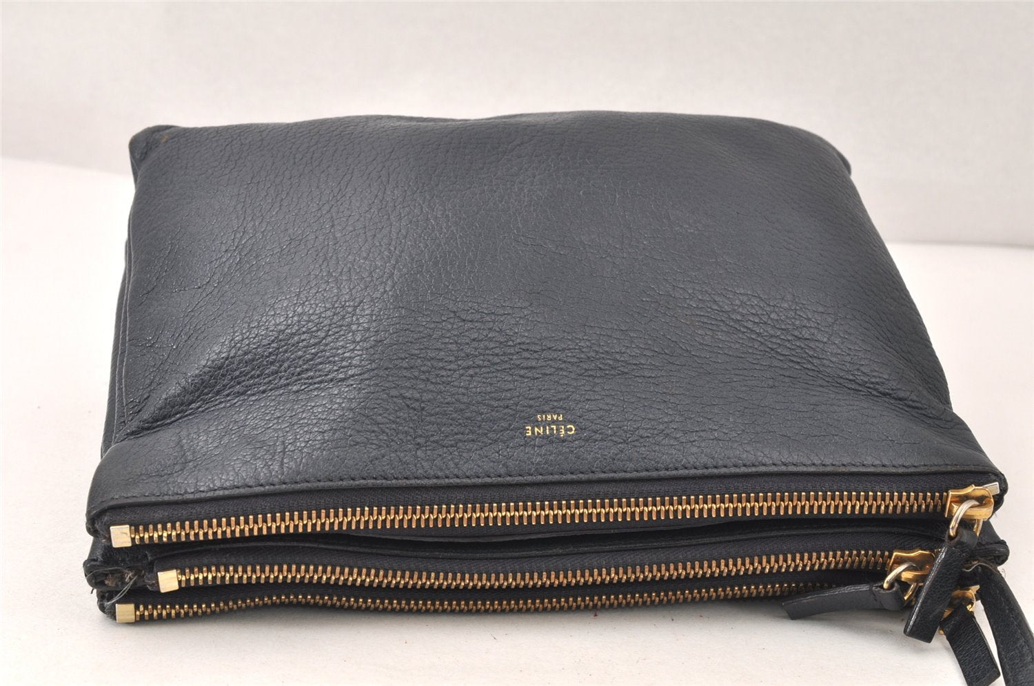 Authentic CELINE TRIO Shoulder Cross Body Clutch Bag Leather Navy Junk 5433K