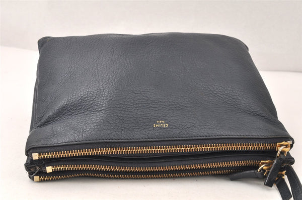 Authentic CELINE TRIO Shoulder Cross Body Clutch Bag Leather Navy Junk 5433K