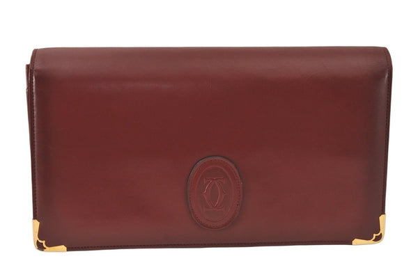 Authentic Cartier Must de Cartier Clutch Bag Leather Bordeaux Red Junk 5441K