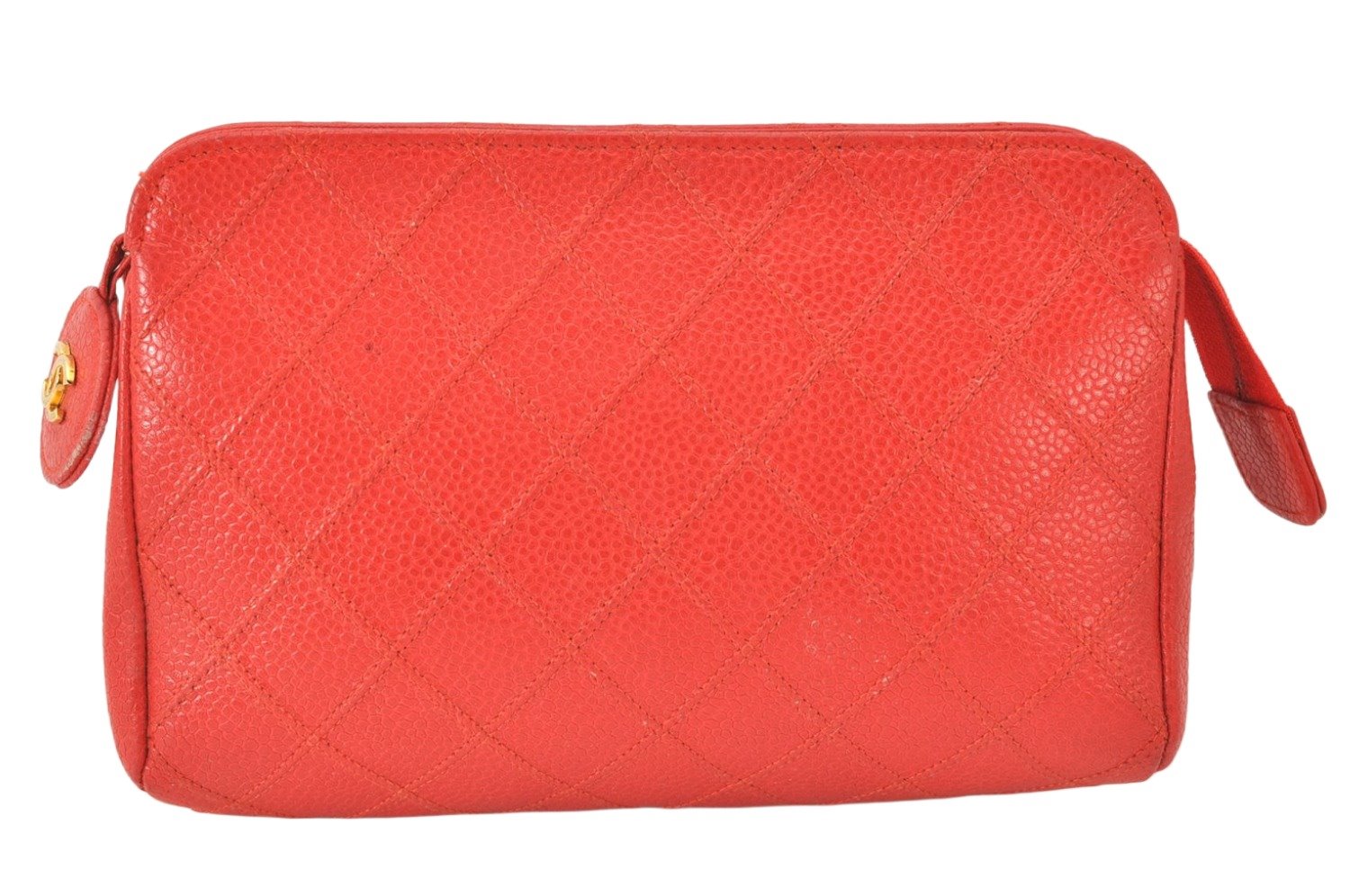 Authentic CHANEL Vintage Caviar Skin Bicolore Pouch Purse Red Junk 5445K