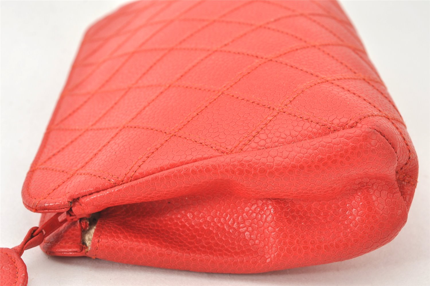 Authentic CHANEL Vintage Caviar Skin Bicolore Pouch Purse Red Junk 5445K