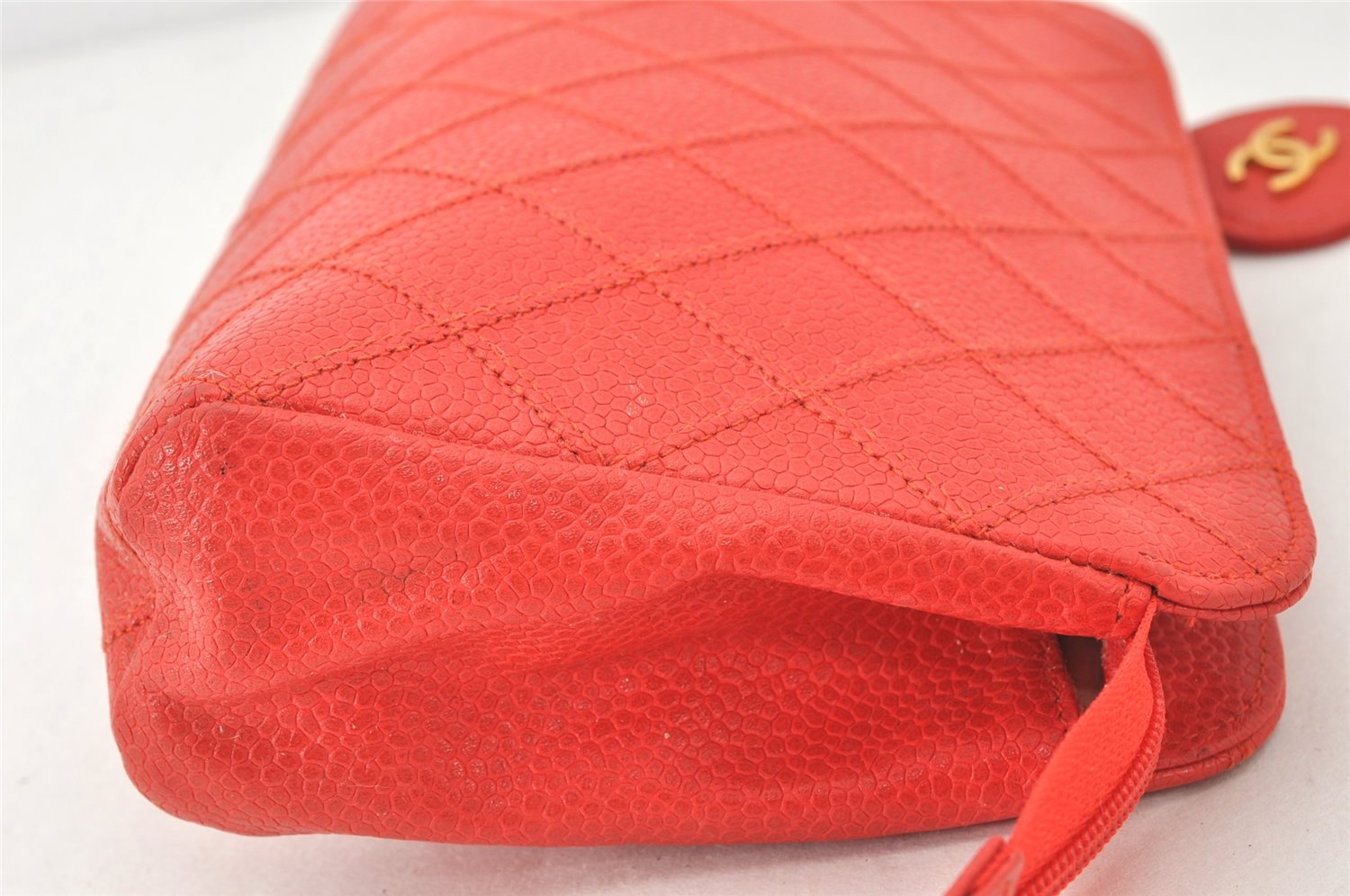 Authentic CHANEL Vintage Caviar Skin Bicolore Pouch Purse Red Junk 5445K