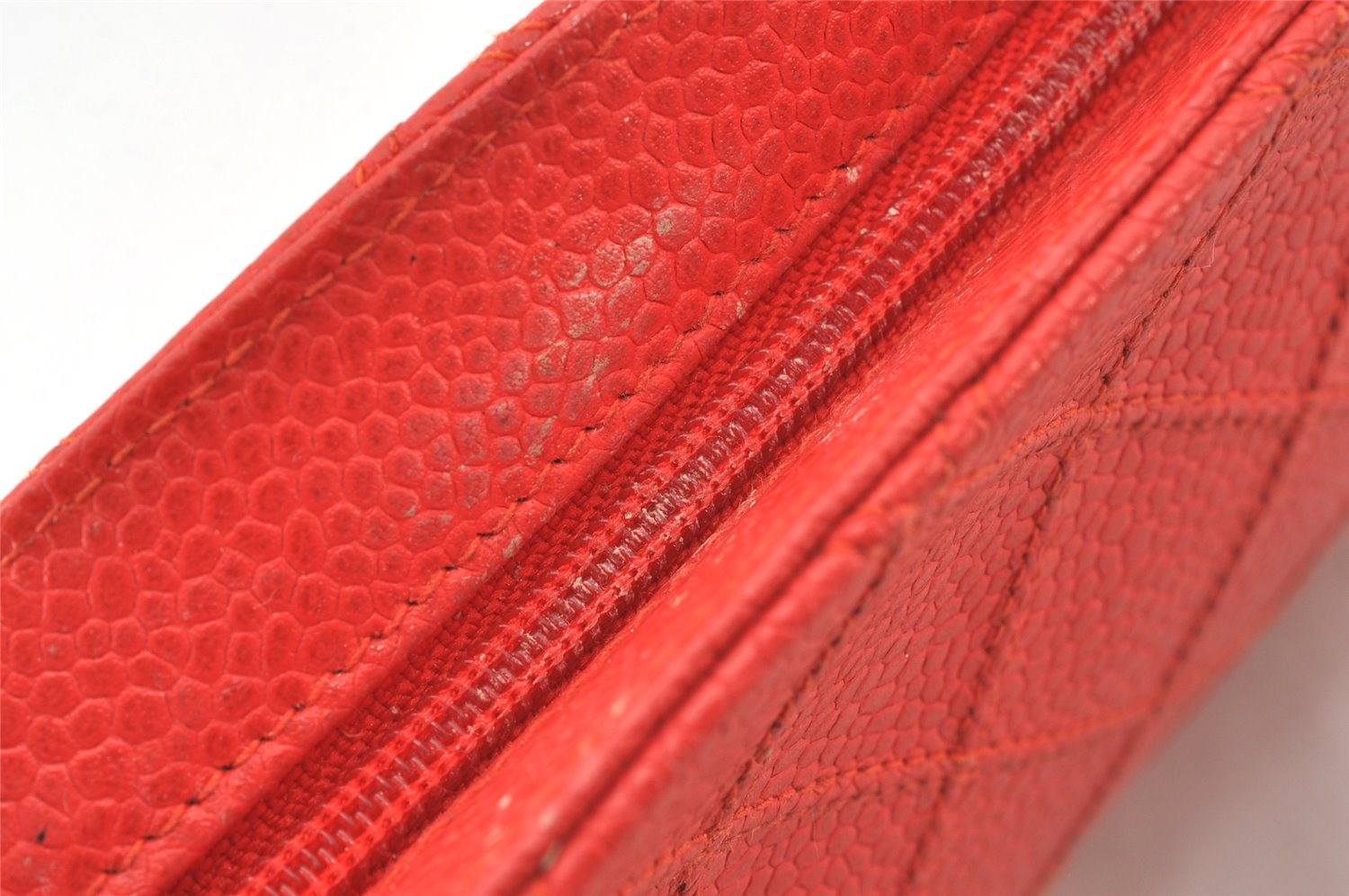Authentic CHANEL Vintage Caviar Skin Bicolore Pouch Purse Red Junk 5445K