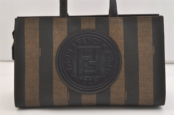 Authentic FENDI Pequin 2Way Shoulder Hand Tote Bag PVC Leather Brown Black 5450J