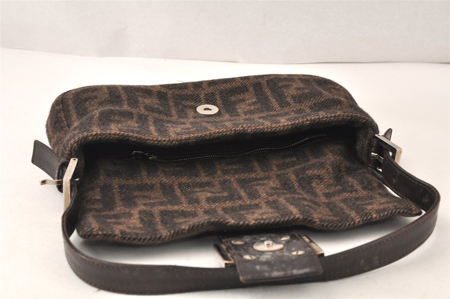 Authentic FENDI Mamma Baguette Shoulder Hand Bag Wool Leather Brown 5452K