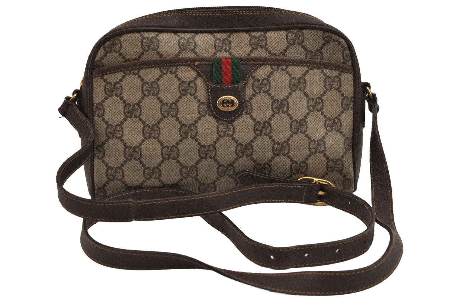 Authentic GUCCI Web Sherry Line Shoulder Bag GG PVC Leather Brown Junk 5453J