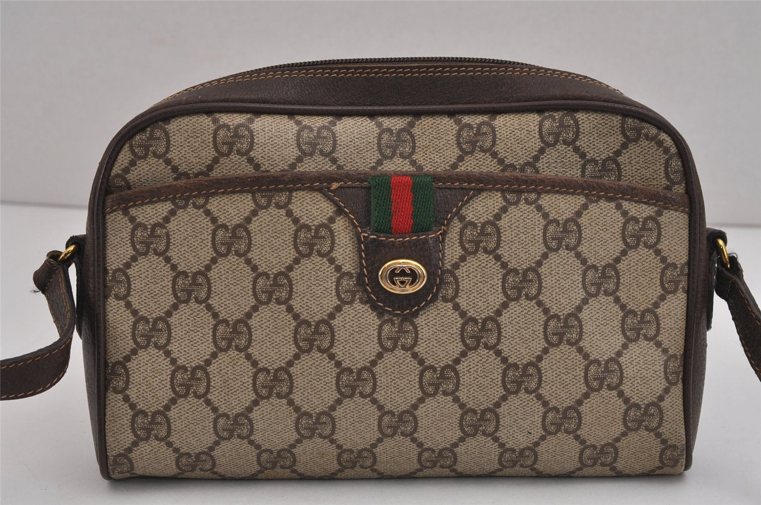 Authentic GUCCI Web Sherry Line Shoulder Bag GG PVC Leather Brown Junk 5453J