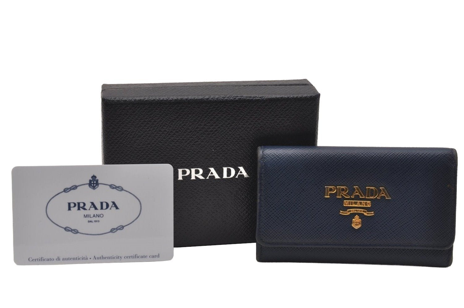 Authentic PRADA SAFFIANO METAL Leather 4 Hooks Key Case 1PG004 Navy Box 5457J