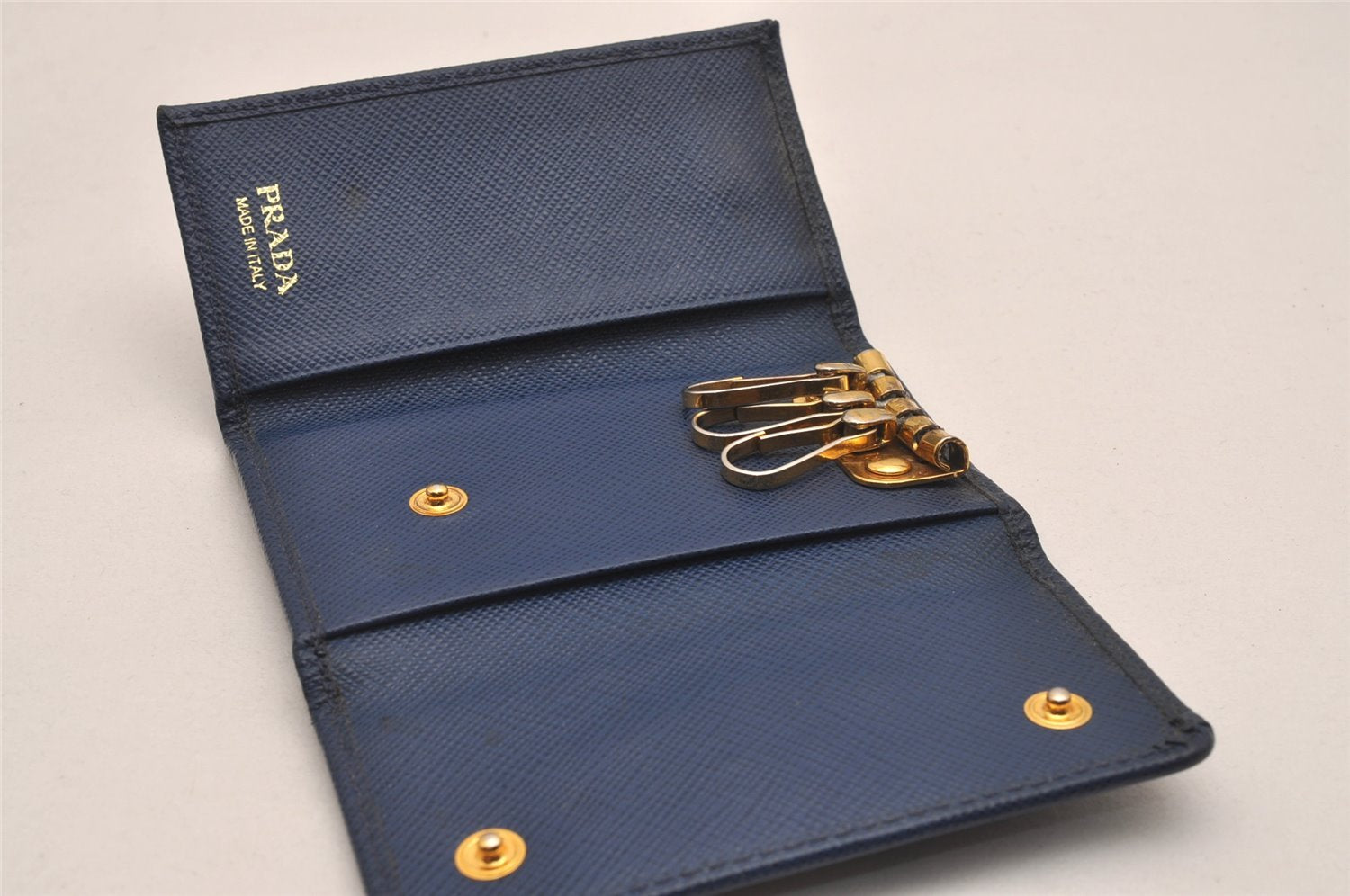 Authentic PRADA SAFFIANO METAL Leather 4 Hooks Key Case 1PG004 Navy Box 5457J