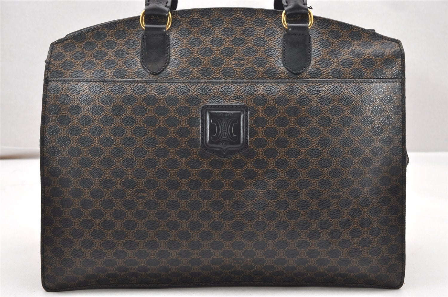 Authentic CELINE Macadam Blason Pattern Hand Tote Bag PVC Leather Black 5459K