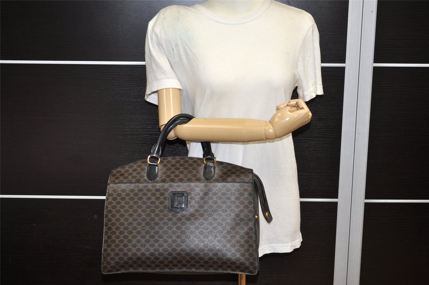Authentic CELINE Macadam Blason Pattern Hand Tote Bag PVC Leather Black 5459K