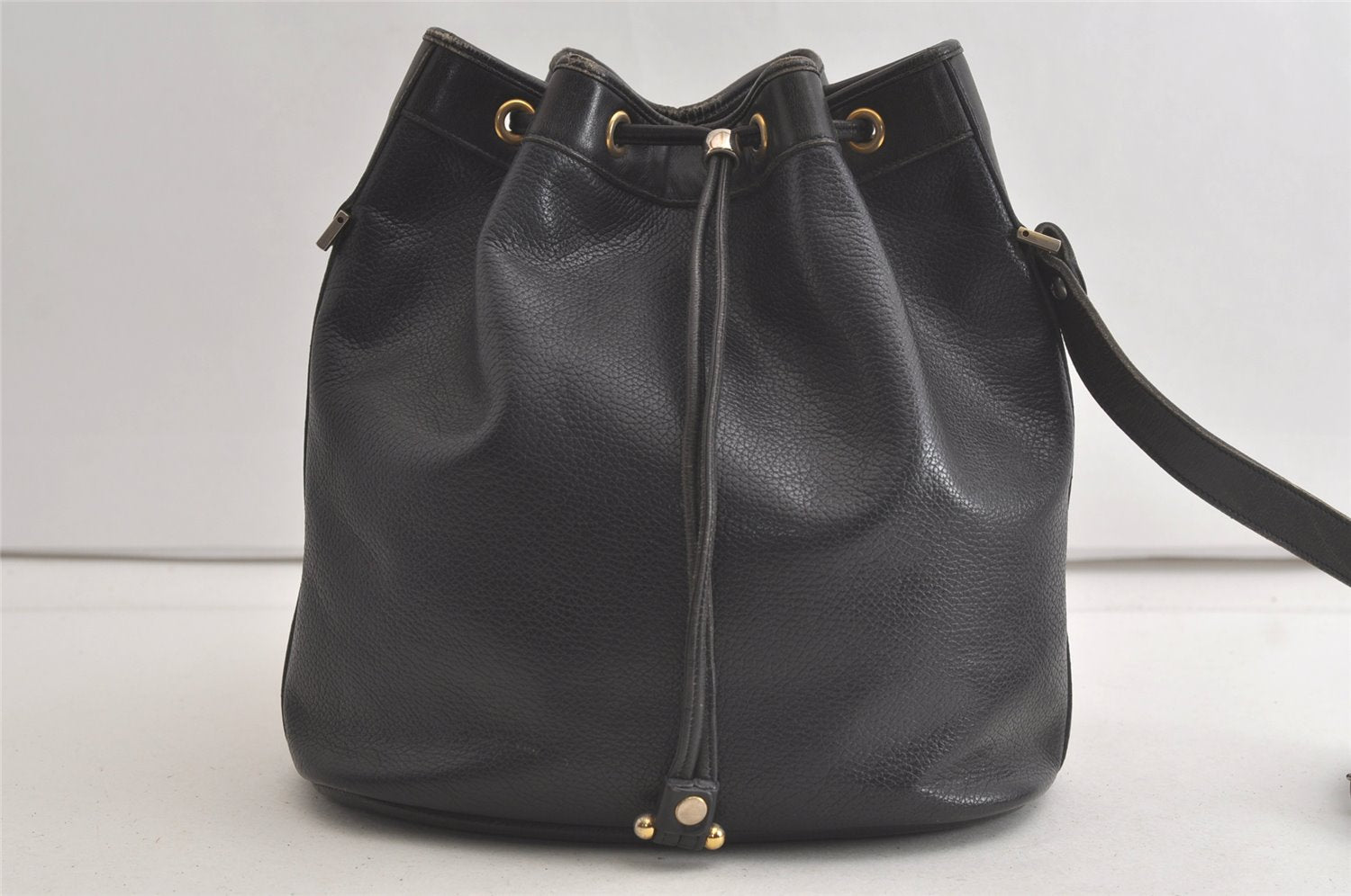 Authentic Christian Dior Shoulder Drawstring Bag Purse Leather Black Junk 5460K