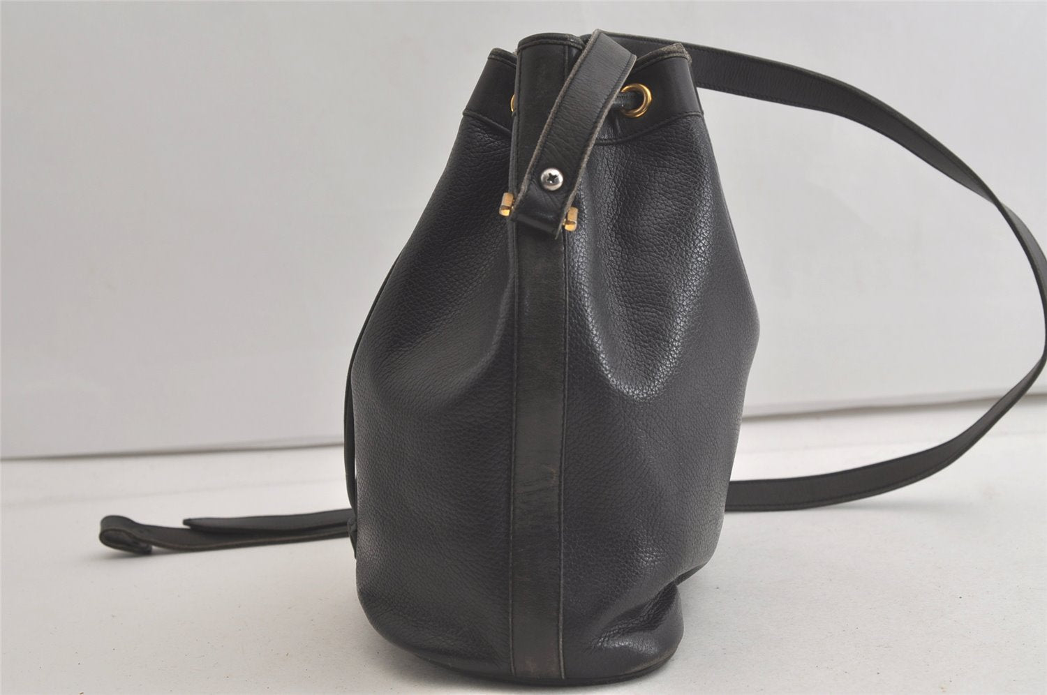 Authentic Christian Dior Shoulder Drawstring Bag Purse Leather Black Junk 5460K