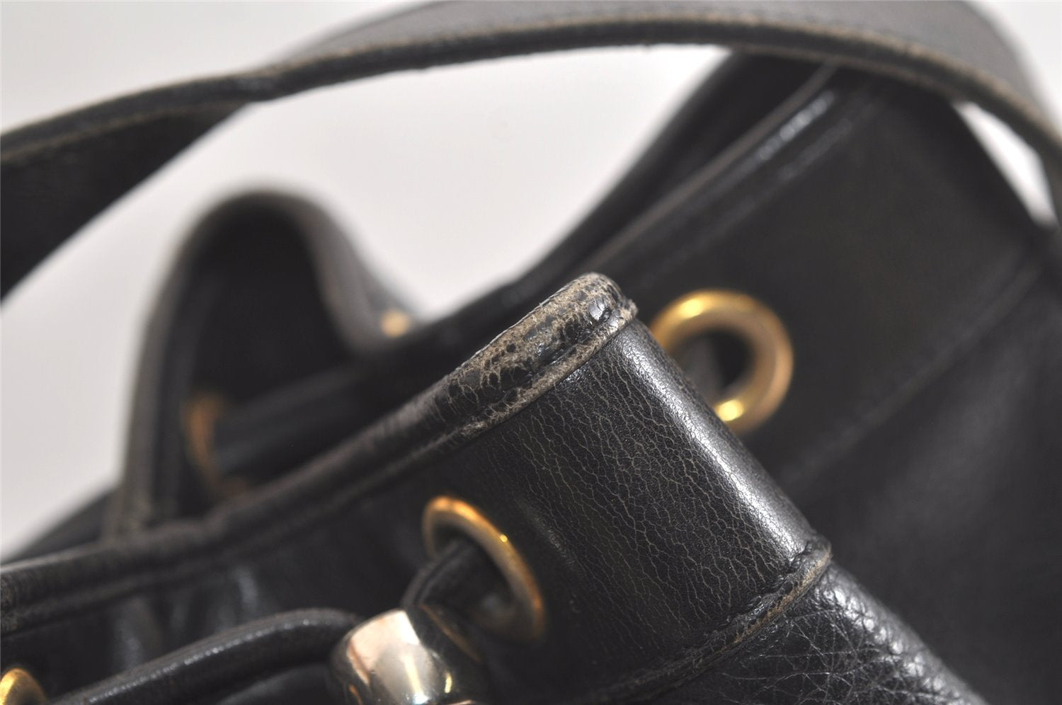 Authentic Christian Dior Shoulder Drawstring Bag Purse Leather Black Junk 5460K