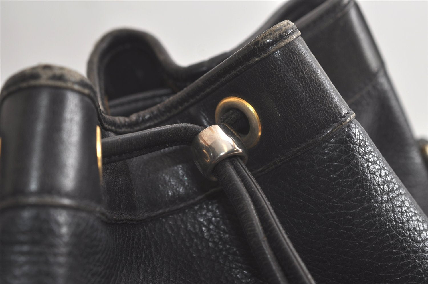 Authentic Christian Dior Shoulder Drawstring Bag Purse Leather Black Junk 5460K