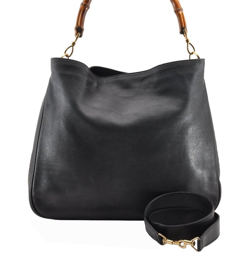 Authentic GUCCI Vintage Bamboo 2Way Shoulder Hand Bag Leather Black 5464I