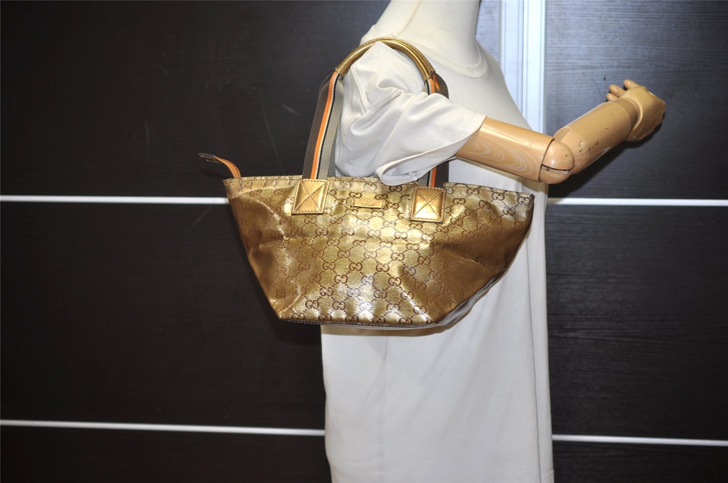 Authentic GUCCI GG Crystal Hand Tote Bag GG PVC Leather 131228 Gold 5465I