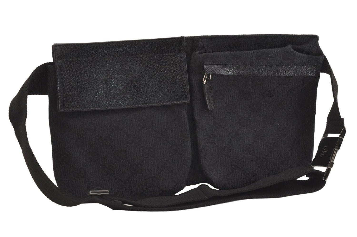 Authentic GUCCI Waist Body Bag Purse GG Canvas Leather 28566 Black 5465J