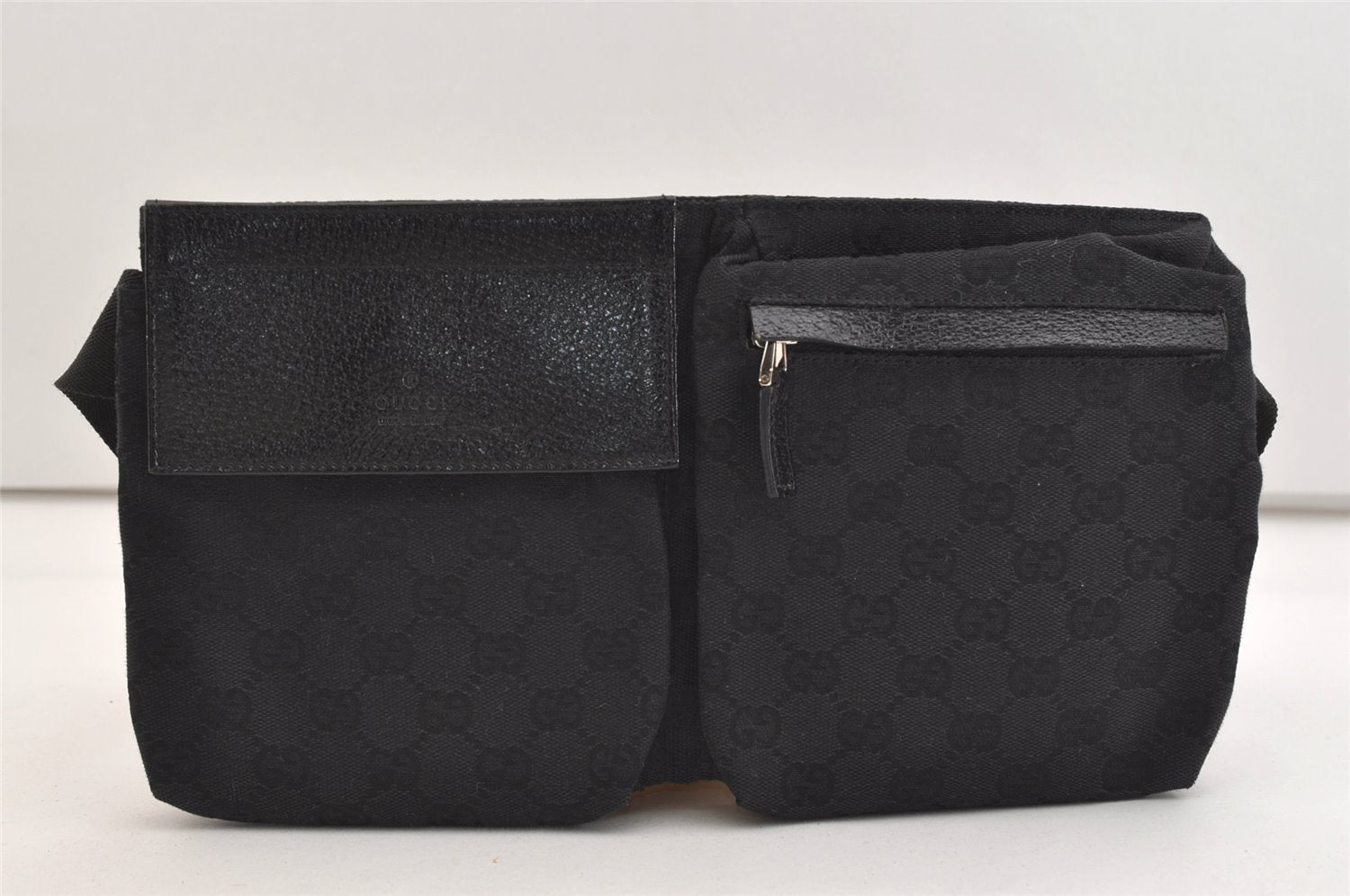 Authentic GUCCI Waist Body Bag Purse GG Canvas Leather 28566 Black 5465J