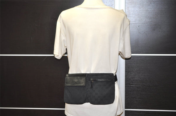 Authentic GUCCI Waist Body Bag Purse GG Canvas Leather 28566 Black 5465J