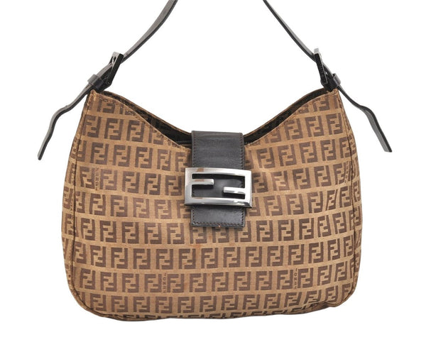 Authentic FENDI Zucchino Shoulder Hand Bag Purse Canvas Leather Brown 5465K