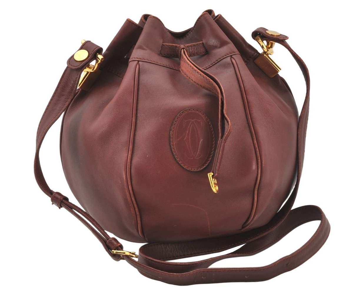 Authentic Cartier Must de Cartier Leather Shoulder Drawstring Bag Bordeaux 5468K