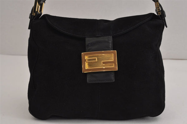 Authentic FENDI Mamma Baguette Shoulder Hand Bag Purse Suede Leather Black 5474J